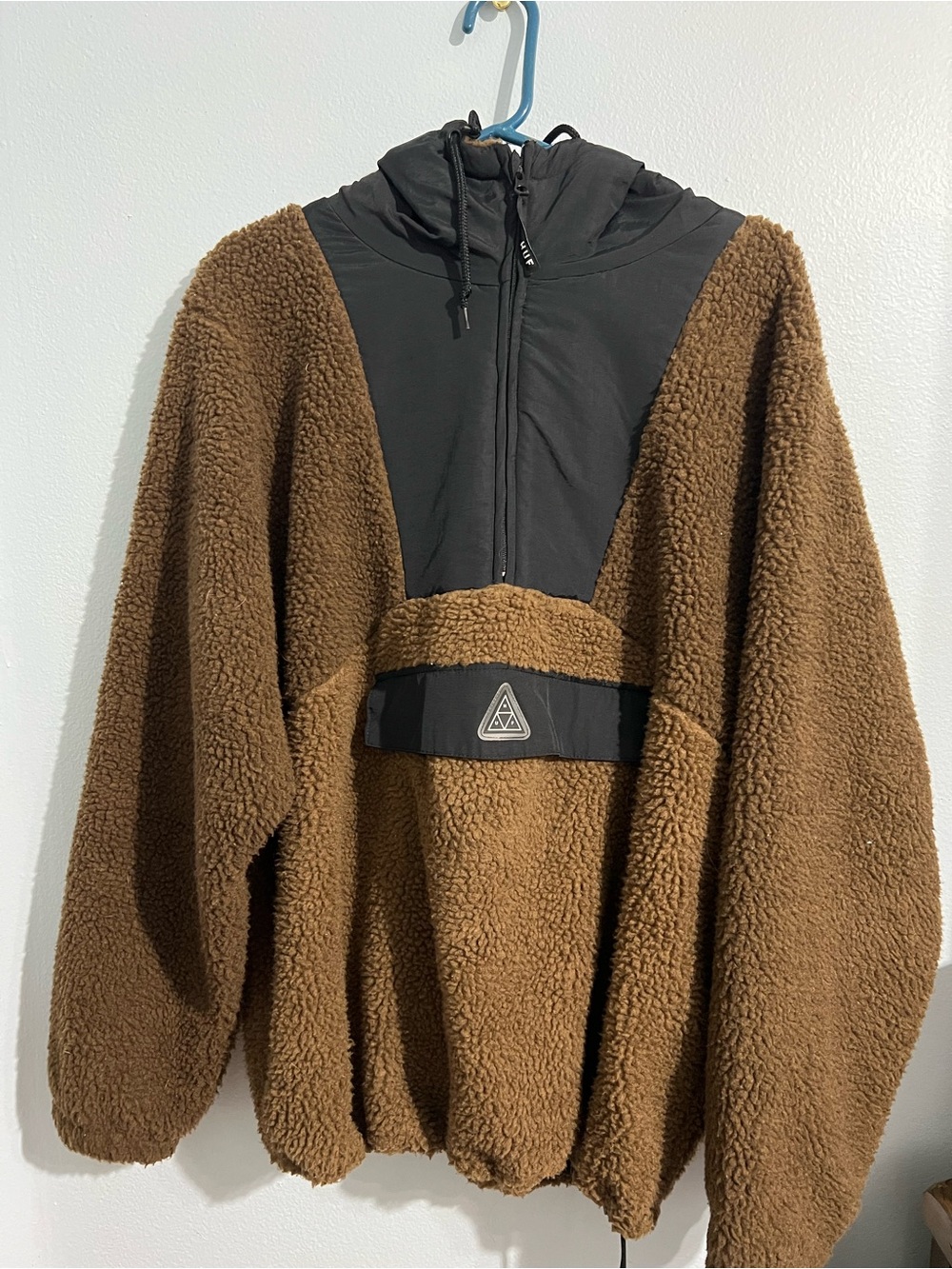 Huf Men's Brown Sherpa Hooded Pullover Jacket with Black Panel